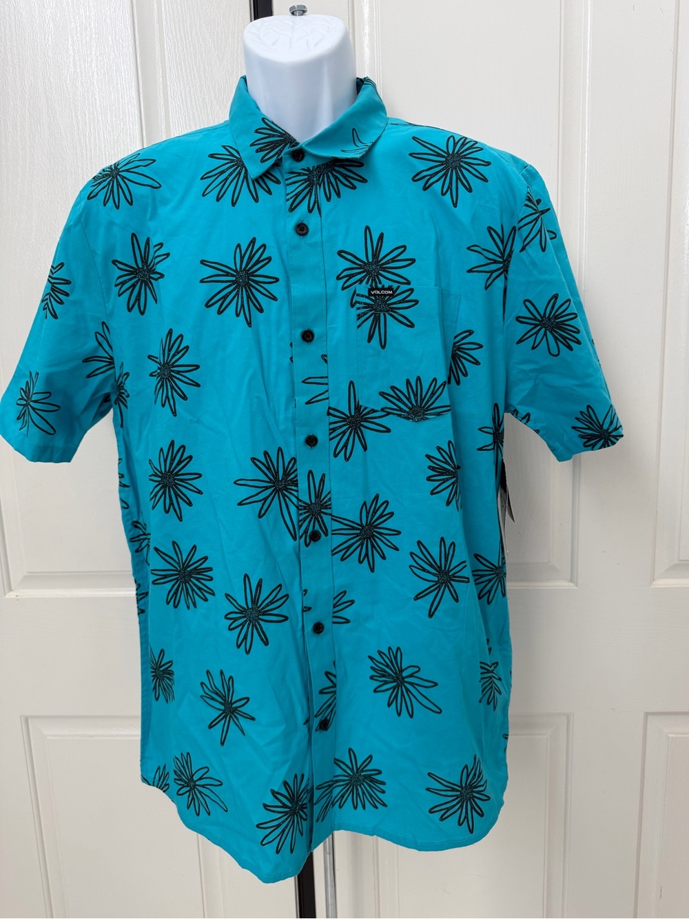 Volcom Lazy Dazey Blue Floral Short-Sleeve Button-Up Shirt Sz L